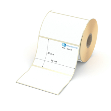 Etikett 90 x 60 mm - Thermopapier weiß leicht ablösbar - 600 Etiketten pro Rolle - 25 mm Hülse 