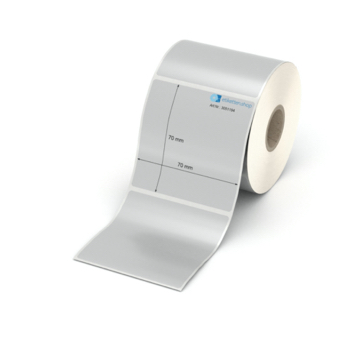 Etikett 70 x 70 mm - Polyester silbern permanent - 500 Etiketten pro Rolle - 25 mm Hülse 