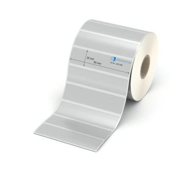 Etikett 80 x 20 mm - Polyester silbern permanent - 1600 Etiketten pro Rolle - 25 mm Hülse 