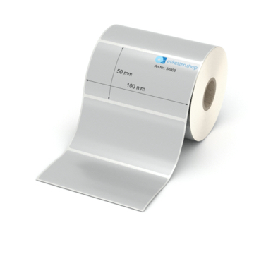 Etikett 100 x 50 mm - Polyester silbern permanent - 700 Etiketten pro Rolle - 25 mm Hülse 