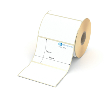 Etikett 85 x 55 mm - Thermopapier weiß permanent - 600 Etiketten pro Rolle - 25 mm Hülse 