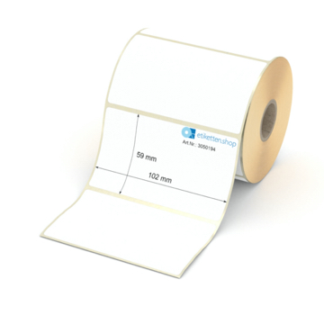 Etikett 102 x 59 mm - Thermopapier weiß leicht ablösbar - 600 Etiketten pro Rolle - 25 mm Hülse 