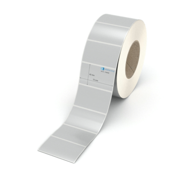 Etikett 72 x 42 mm - Polyester silbern permanent - 2600 Etiketten pro Rolle - 76 mm Hülse 