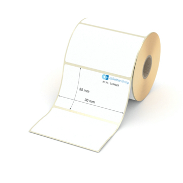 Etikett 90 x 55 mm - Thermopapier weiß permanent - 600 Etiketten pro Rolle - 25 mm Hülse 