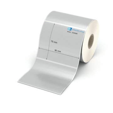 Etikett 90 x 75 mm - Polyester silbern permanent - 500 Etiketten pro Rolle - 25 mm Hülse 