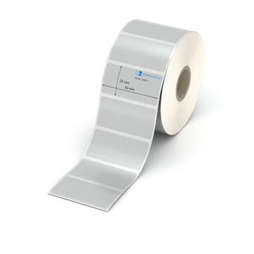 Etikett 50 x 25 mm - Polyester silbern permanent - 1400 Etiketten pro Rolle - 25 mm Hülse 