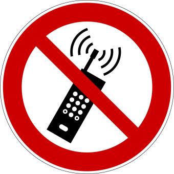 P013 - Eingeschaltete Mobiltelefone verboten - selbstklebend rot-schwarz 150 mm Durchmesser